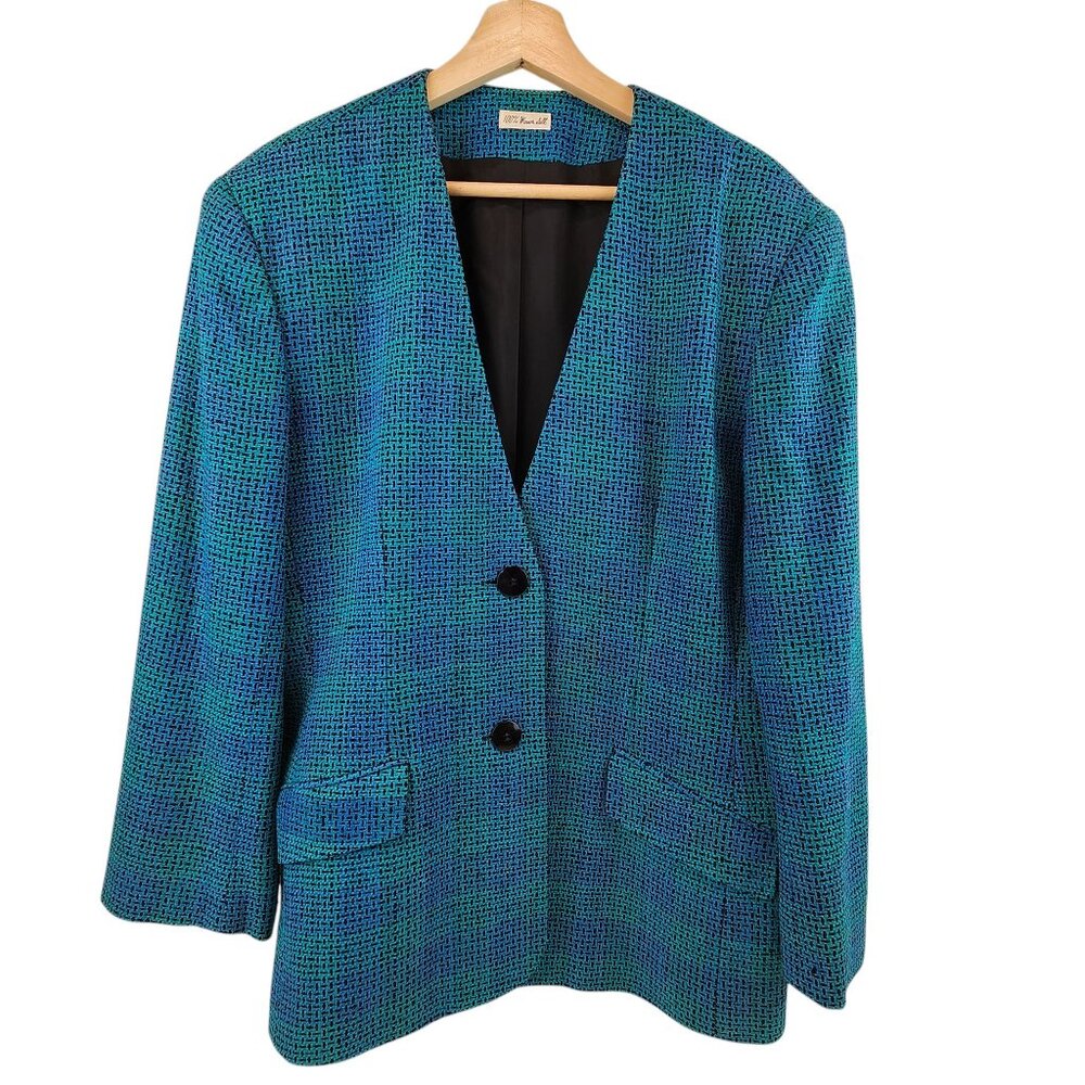 Ann May VTG Silk Blazer Teal Green Sz 14 '80s Shoulder Pads Faux Pockets